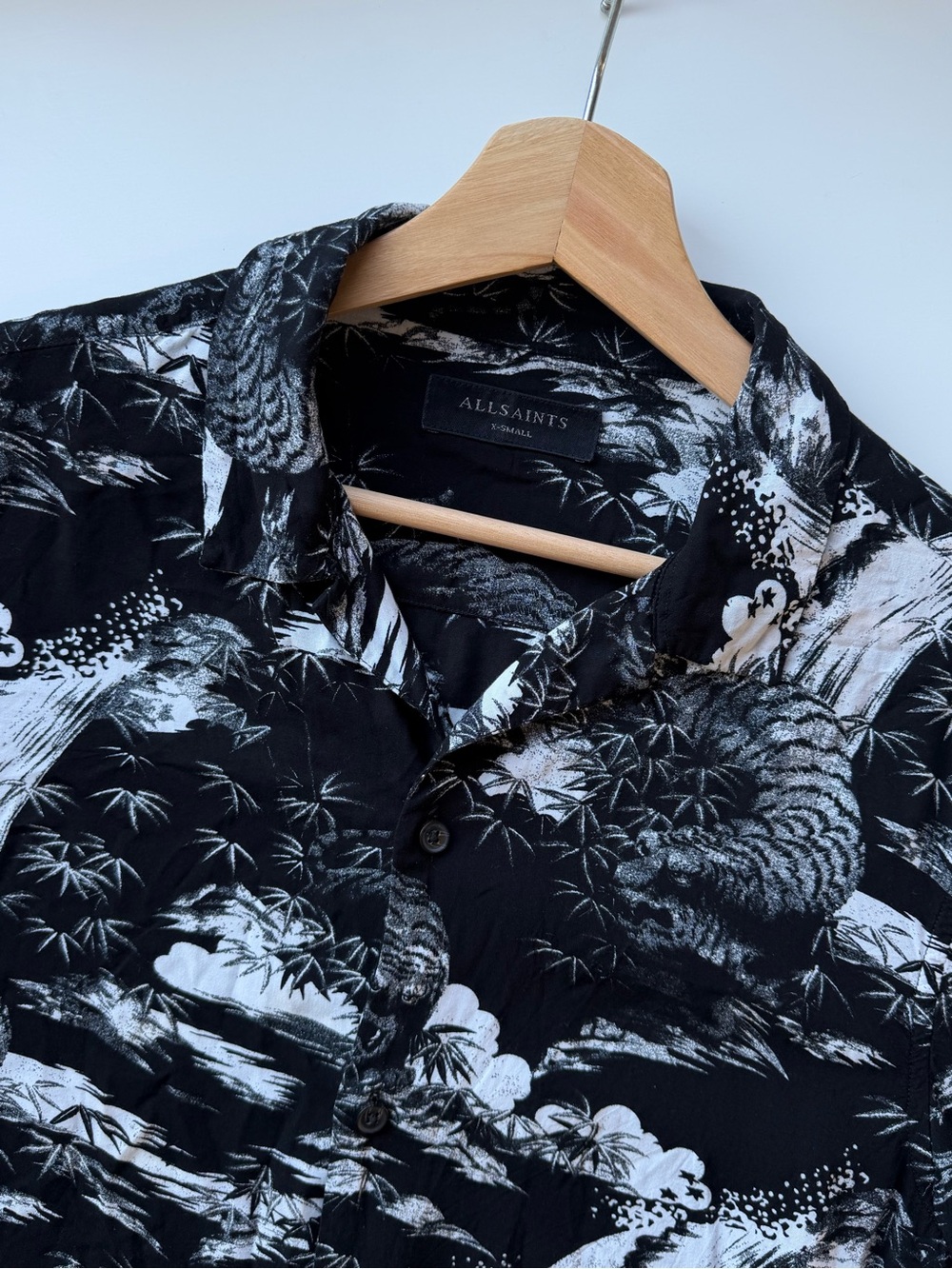 All Saints Black & White Printed Men’s Long Sleeve Camp Shirt